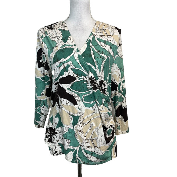 Coldwater Creek Blouse Top size Large Green Tan Floral Tropical Jersey Stretch - Picture 1 of 6